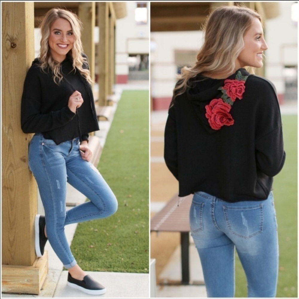 Black French Terry Cropped Floral Patched Hoodie